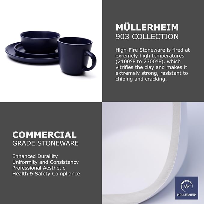 MÜLLERHEIM 903 Minimalist Collection 16-Piece Contemporary Ceramic Stoneware Dinnerware Sets for 4 Blueberry Plates and Bowls sets Dinner Plates Set Salad Dish Set Bowls Cup