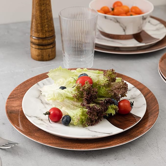 LEHAHA Rustic Modern Melamine Dinnerware Sets Marble 12-Piece Lightweight Outdoor Plates and Bowls Sets Unbreakable Wood Patterns Dishes Dinnerware Set Service for 4…