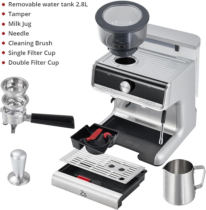 Garvee Coffee Machine 20 Bar Pressure Stainless Steel Espresso Maker Cappuccino and Macchiato with Milk Frother 2.8L Water Tank Barista Kit for Latte.