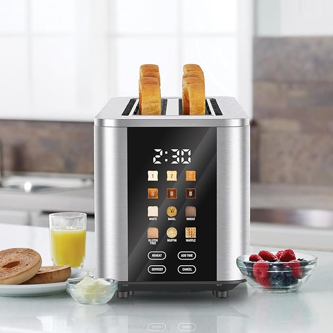 Kenmore 4-Slice Long Slot Toaster - Color Touch Screen &amp 6 Shade Settings Extra Wide Slots Digital Timer Customizable Smart Presets Reheat Defrost Add Time Functions Stainless Steel