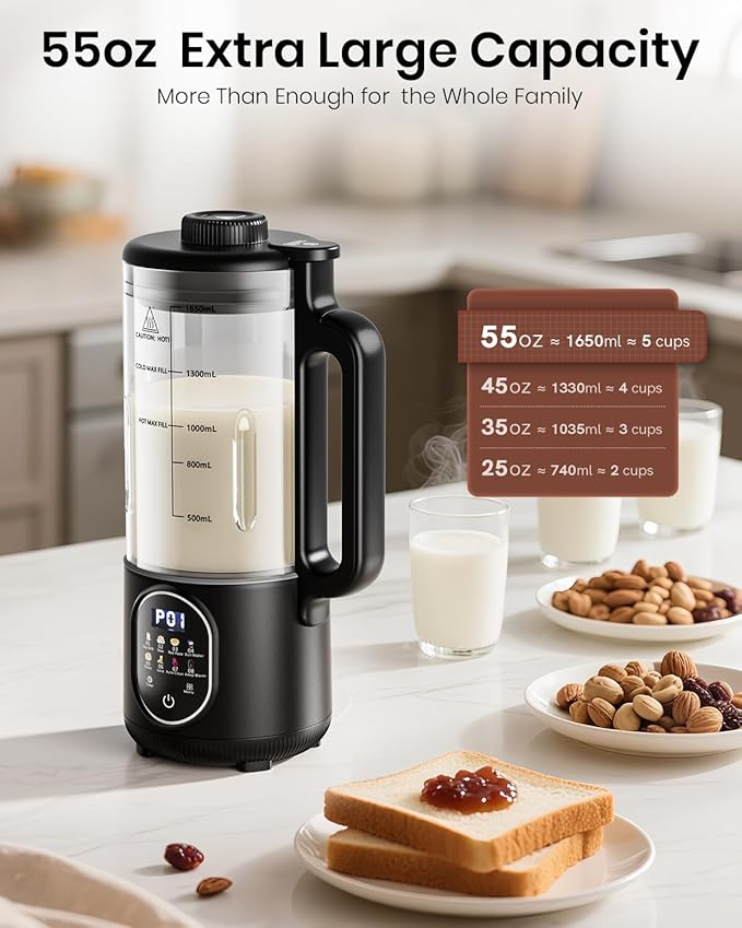 55oz Family Size Nut Milk Maker (5-6 Cups) Soy Milk Maker Machine for Almond/Oat/Soy/Cashew Milk Juice &amp Smoothie Almond Milk Maker with Auto Clean/Self-Clean Delay Start Boil Water &amp Kee