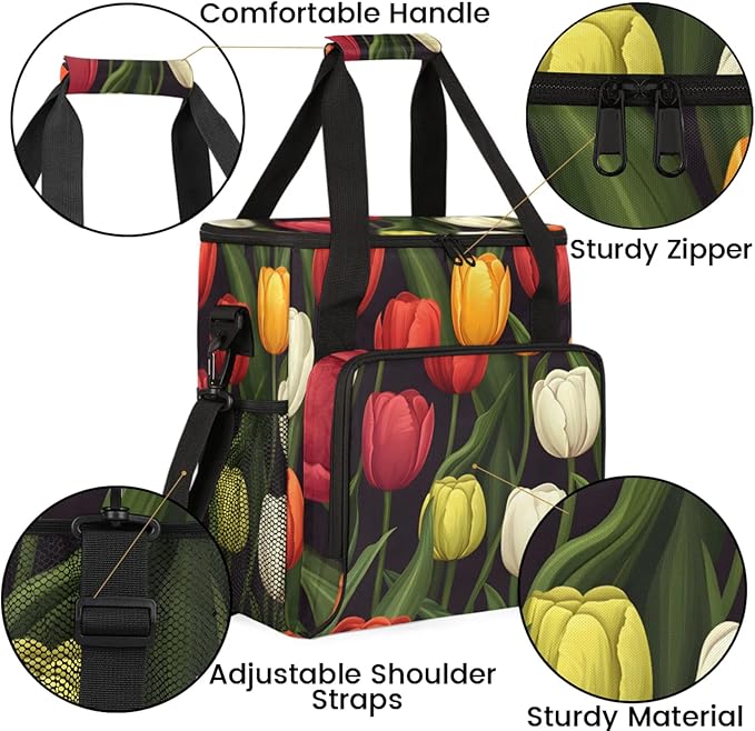 Flower Tulip Theme Coffee Maker Travel Bag for Keurig K-Mini/K-Mini Plus Insulated Waterproof Tote with Pockets for K-Cup Portable Single-Serve Brewer Case