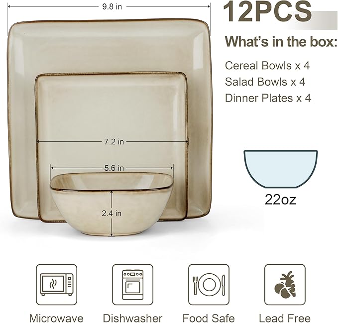 Vesteel 12 Pieces Square Dinnerware Sets Ceramic Plates and Bowls Sets for 4 Handmade Reactive Glaze Dishes Set for Kitchen Dining Microwave &amp Dishwasher Safe Khaki
