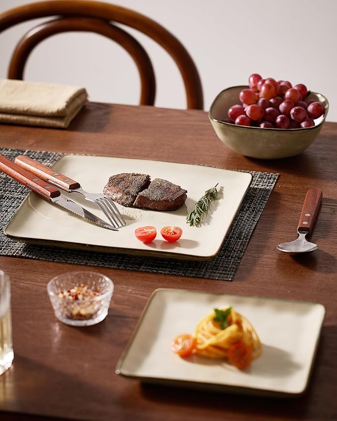 Famiware Dinnerware Sets for 4 Ocean Square 12-Piece Kitchen Plates and Bowls Sets Microwave and Dishwasher Safe Scratch Resistant Light khaki