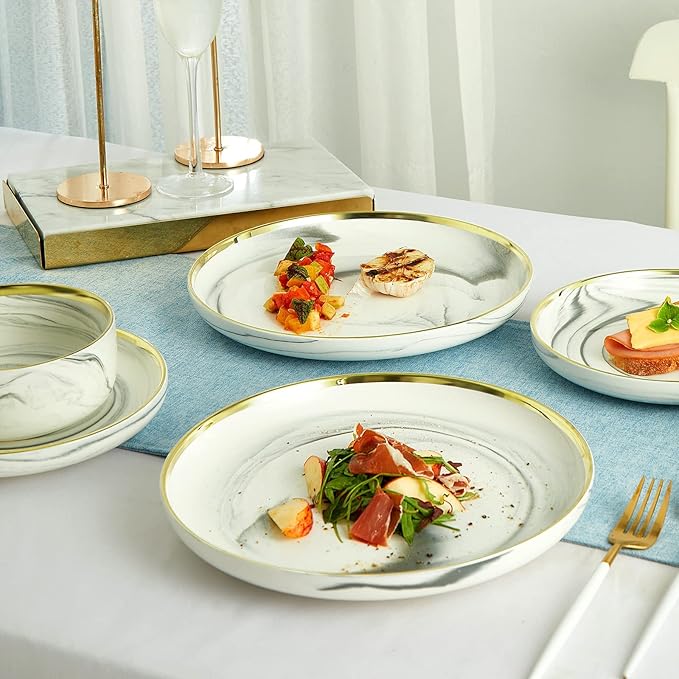 Marble Gold Rim Dinnerware Sets Porcelain Plates and Bowls Sets Modern Luxury Dish Set for 4 White Grey China Dinner Set for Special Occasions Hand Wash Quickly