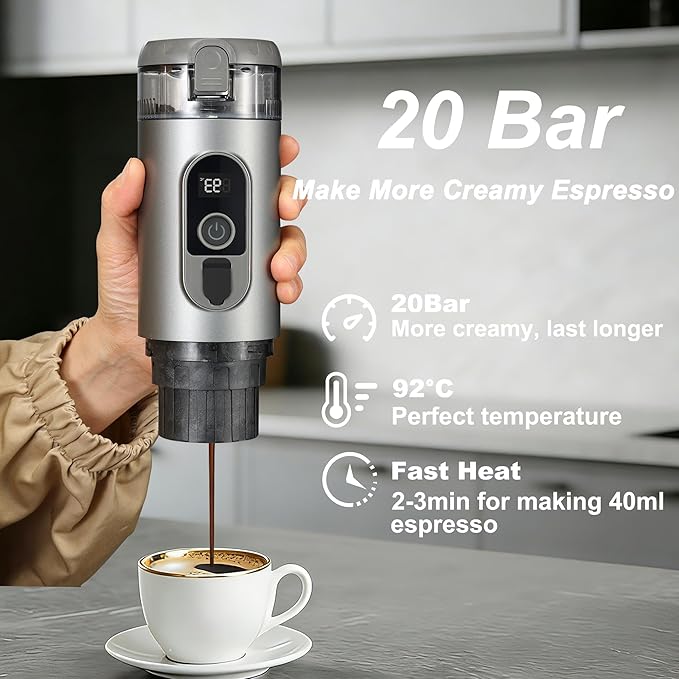 Portable Electric Espresso Machine Travel Coffee Maker 20 bar Mini Espresso Self-Heating Car Coffee Maker Compatible with Ground Coffee &amp NS Capsule for Camping RV Hiking Offic Gray