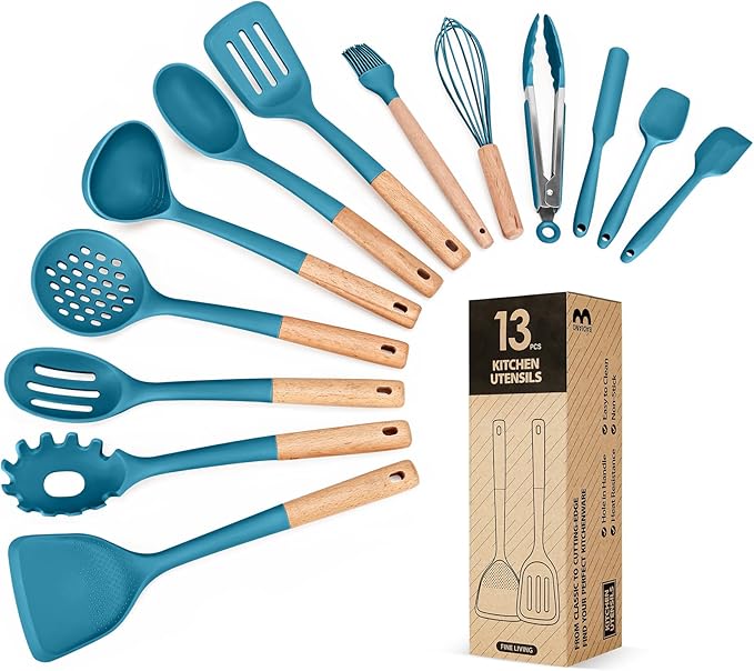Kitchen Utensils Set 13PCS Silicone Cooking Utensils Heat Resistant Kitchen Utensil Spatula Set for Nonstick Cookware Wooden Handles Kitchen Gadgets Tools Set (BLUE)