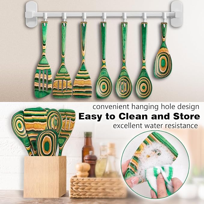 Wooden Spoons for Cooking Pakkawood Kitchen Utensil Set Oasis Color Premium Durable Wooden Utensils for Nonstick Cookware Heat Resistant Smooth Finish Comfortable Grip 7 Piece