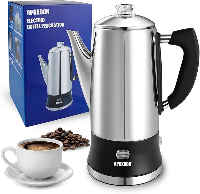 Electric Coffee Percolator Stainless Steel Coffee Maker with Tough Glass Knob Classic Coffee Pot with On/OFF Switch Keep Warm &amp Cordless Serve No Aluminum (12 Cup)