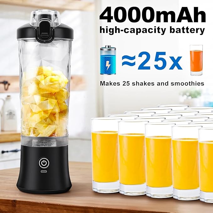 Portable Blender for Smoothies 20oz Small Personal Blender with Travel Lid USB Rechargeable Single Serve Fruit Mixer for Kitchen Black