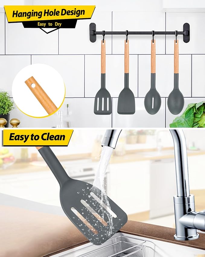 Pack of 4 Silicone Cooking Utensils Set Non Stick Solid Spatulas and Heat Resistant Slotted Spoons with Wooden Handle Ideal Wood Kitchen Utensils Set for FryingServingTurningStirring (GRAY)