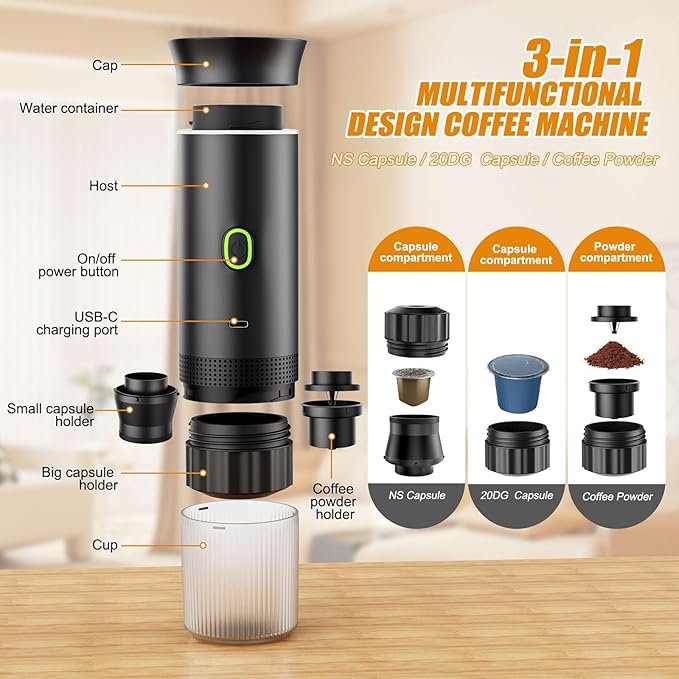 Portable Coffee Maker for Travel 20 bar Mini Travel Car Espresso Machines 3-in-1 Self-Heating Electric Espresso Maker USB-C Ground Coffee &amp Capsule Pod(Ns&ampDG) RV Hiking