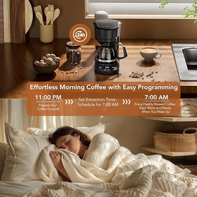 5 Cup Programmable Drip Coffee Maker 24H Delay Brew 2H Keep Warm &amp Auto Shut Off Pause &amp Serve Reusable Filter Glass Coffee Pot Small Coffee Machine for Home Office
