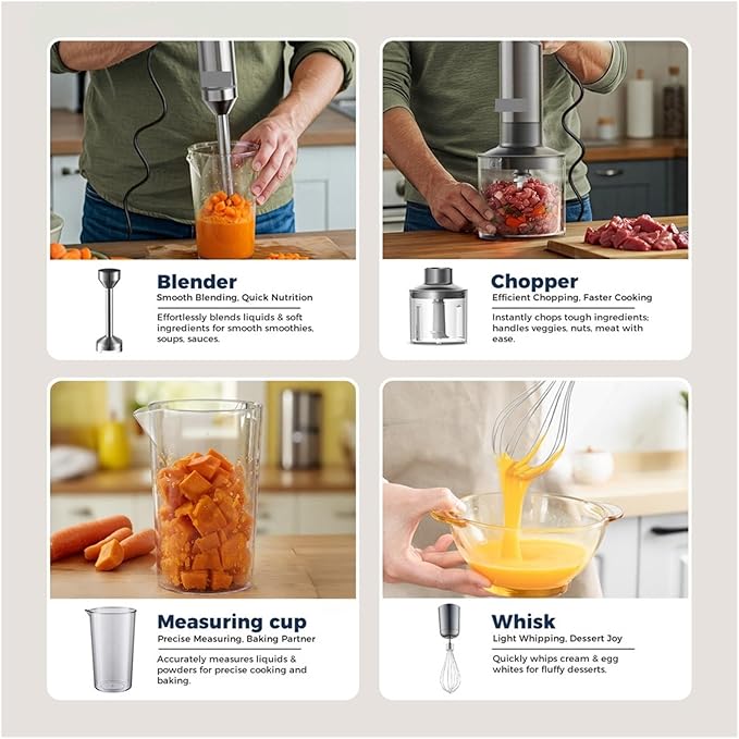 Fit for 4-in-1 Immersion Blender Set - 1000W Powerful Stainless Steel Hand Mixer with 700ml Beaker 500ml Processor &amp Whisk Attachment(European standard)