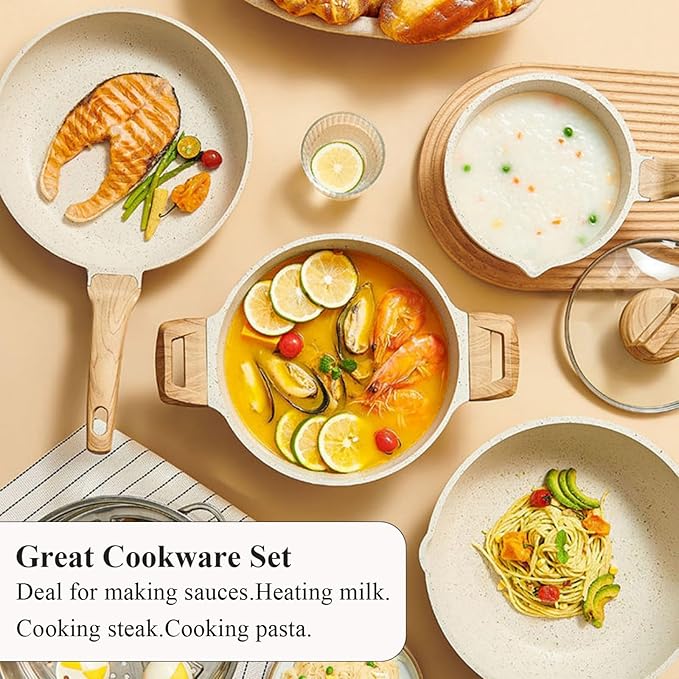 13 pcs Pots and Pans Set Nonstick Cookware Sets White granite Induction Cookware Non Stick Cooking Set Frying Pans &amp Saucepans PFOS PFOA Free (13 PCS)