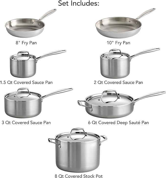 Tramontina Signature Tri-Ply Clad Stainless Steel 12-Piece Cookware Set with Lids Pots and Pans Kitchen Set Induction-Ready Dishwasher-Safe NSF-Certified Made in Brazil