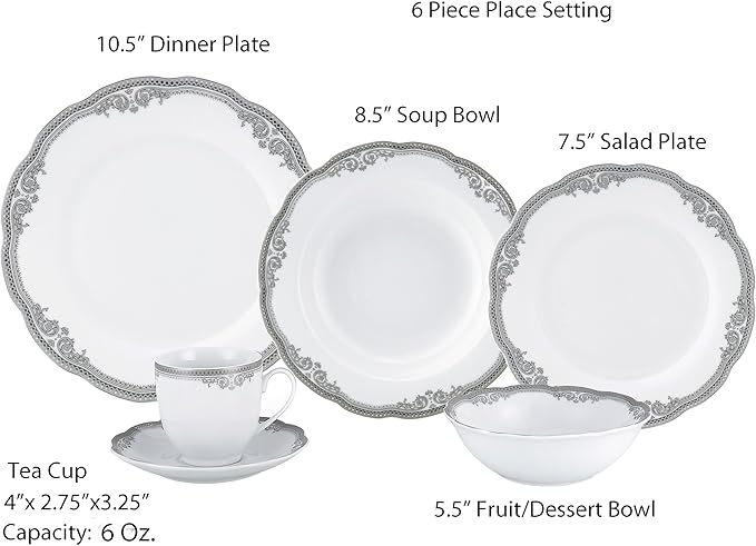 Lorren Home Trends Elizabeth-24 24 Piece Elizabeth Design Porcelain Wavy Edge Dinnerware Set White