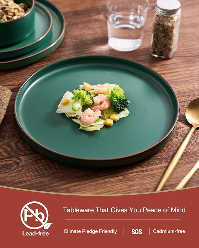 Famiware Nebula Ridge Stoneware Dinnerware Sets Plates and Bowls Sets for 4 12 Pieces Dishes Set Microwave and Dishwasher Safe Kitchen Plates Dark Green