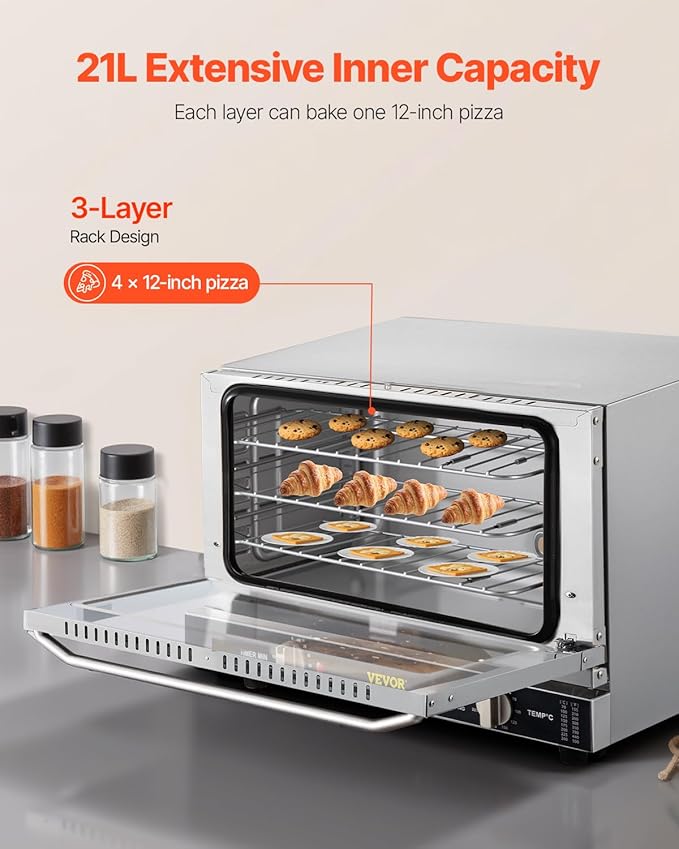 VEVOR Commercial Convection Oven 21L/19Qt Quarter-Size Conventional Oven Countertop 1440W 3-Tier Toaster w/Front Glass Door Electric Baking Oven w/Trays Wire Racks Clip Gloves 120V