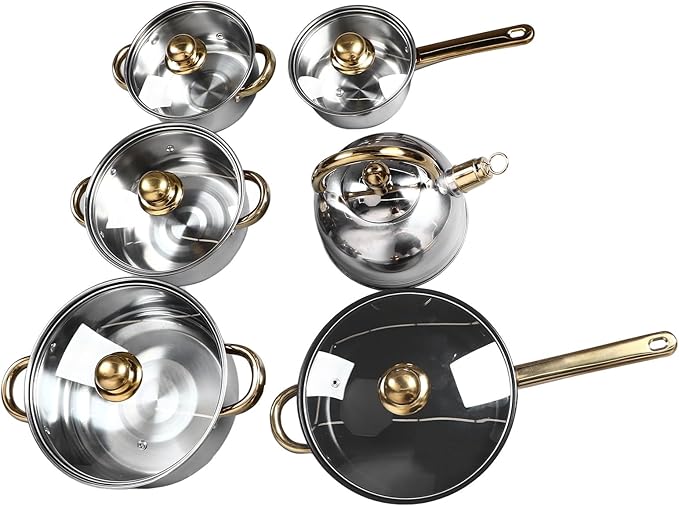 12 Piece Stainless Steel Kitchen Pot Set with Golden Handle Smooth Sturdy Easy to Cookware Set for Home Cooking