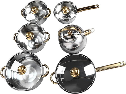 12 Piece Stainless Steel Kitchen Pot Set with Golden Handle Smooth Sturdy Easy to Cookware Set for Home Cooking