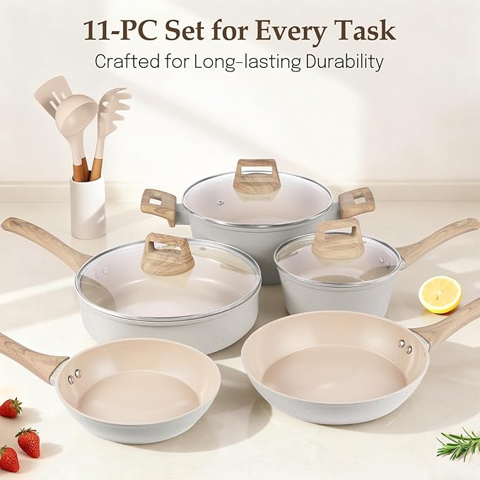Pots and Pans Set Non Stick Non-Toxic Ceramic Cookware Set 11pcs Induction Cookware Kitchen Cooking Set with Frying Pans Saucepan Stock Pot PFOA Free &amp PFOS Free Cream Color