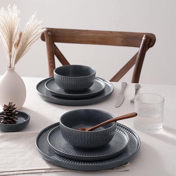 Famiware Starlight Plates and Bowls Dishes Set of 4 (12 Pieces) Ribbed Textured Stoneware Dinnerware Sets- Dishwasher &amp Microwave Safe Chip Resistant Matte Midnight Grey