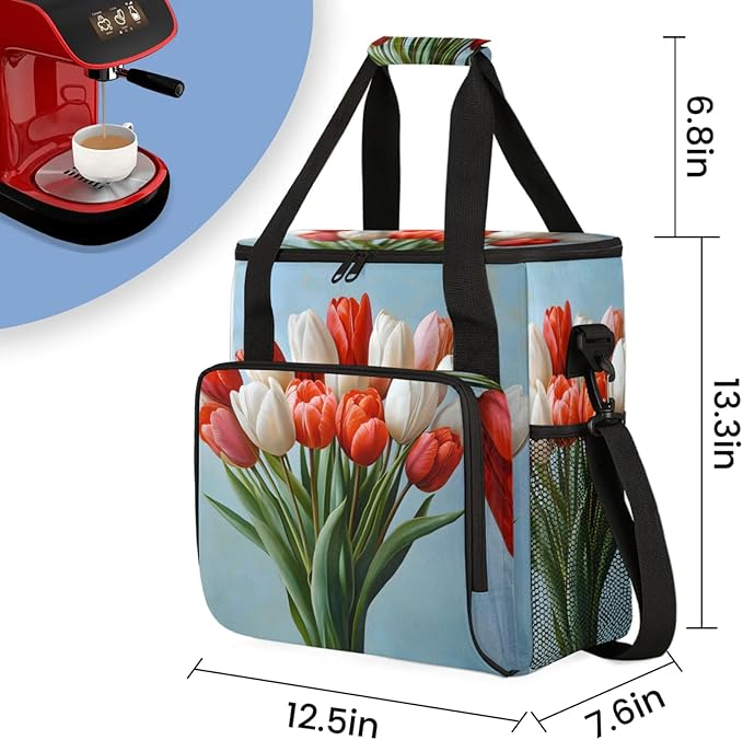 Floral Tulip Bouquet Coffee Maker Travel Bag for Keurig K-Mini/K-Mini Plus Insulated Waterproof Tote with Pockets for K-Cup Portable Single-Serve Brewer Case