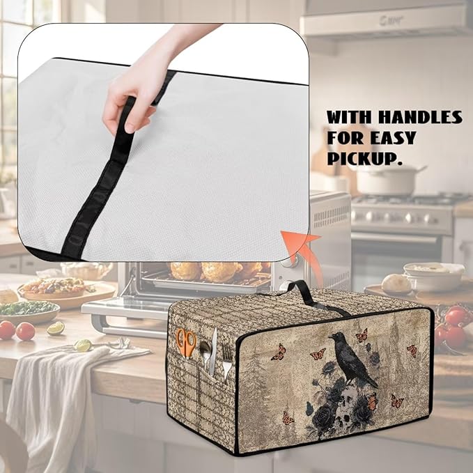 Toaster Oven Dust Cover Crow Butterfly Rose Print Microwave Oven Cover Heavy Duty Bread Maker Machine Covers with Side Pockets Kitchen Small Appliance Protector M