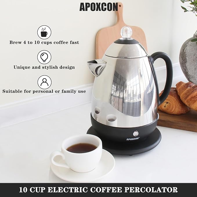 Electric Coffee Percolator Stainless Steel Coffee Maker with Clear Brew Progress Knob and No-Drip Spout Auto Keep Warm &amp Cordless Serving Coffee pot with On/OFF Switch Fast Brew (10 Cup)
