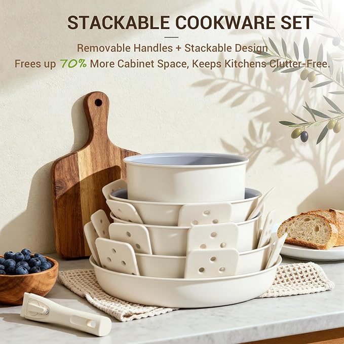 Ammeloo Ceramic Pots and Pans Set Non Stick Non Toxic Cookware Set with Removable Handles 18 Pcs Healthy Kitchen Cooking Set Induction Ready Dishwasher &amp Oven Safe PFAS PFOA &amp PTFE Free