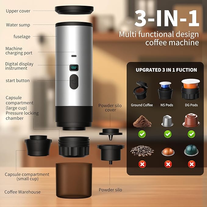 RQUOIRE 3-in-1 Portable Coffee Maker Espresso Machine Self-Heating Travel Coffee Maker Compatible with NS DG Pods &amp Ground Coffee Small Mini Espresso Machine for Car Camping Hiking With Stand