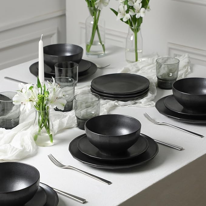 Stone Lain Rio Stoneware 16 Piece Dinnerware Set Plates and Bowls Sets Black Dish Set for 4 with Fluted Colored Glass Cups Microwave &amp Dishwasher Safe