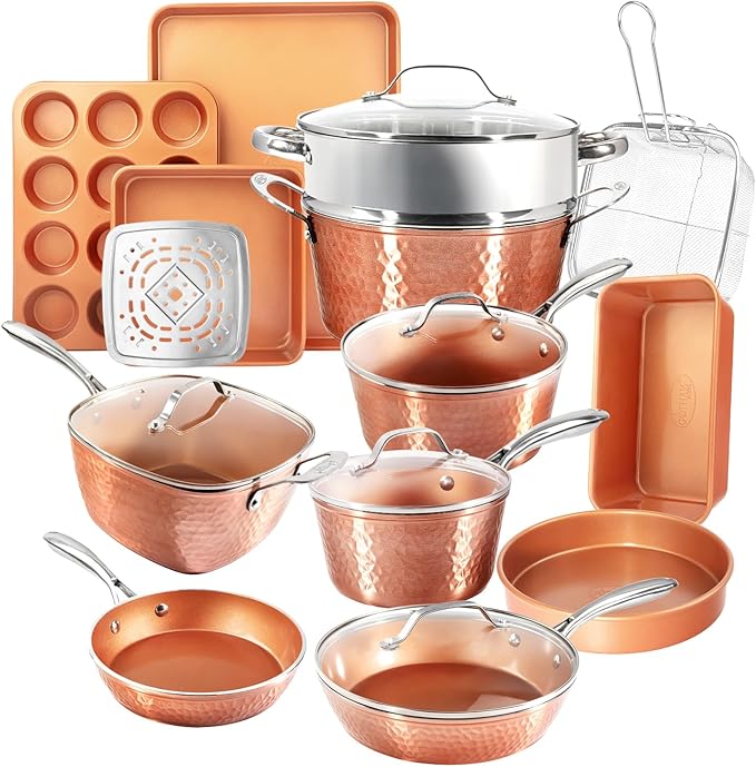 Gotham Steel Hammered 24 Pc Ceramic Cookware Set Nonstick Induction Ceramic Pots and Pans Set Non Stick with Deep Square Pan Set &amp Bakeware Set Non Toxic PFOA PFOS Free Oven &amp Dishwasher Sa