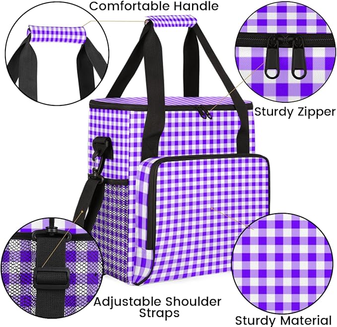 Purple Plaid Coffee Maker Carrying Bag Portable Travel Storage Tote Bag Compatible with K-Mini or K-Mini Plus Single Serve Coffee Brewer Carrying Case with Multiple Pockets &amp Shoulder Strap