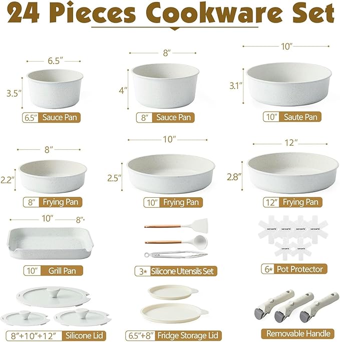 SENSARTE 24 Piece Pots and Pans Set Nonstick Detachable Handle Cookware Induction Kitchen Cookware Set with Removable Handle Healthy Non Stick for RV Dishwasher ＆ Oven Safe (White)