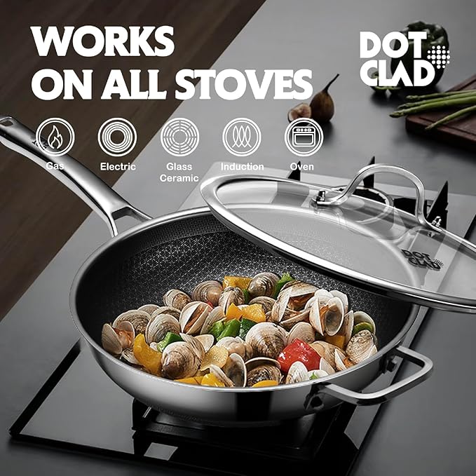 Wok panHybrid 12 inch Wok with Lid PFOA Free Cookwarenon stick Stainless Steel Woks &amp Stir-fry pans Nonstick Dishwasher and Oven Safe Works on Induction