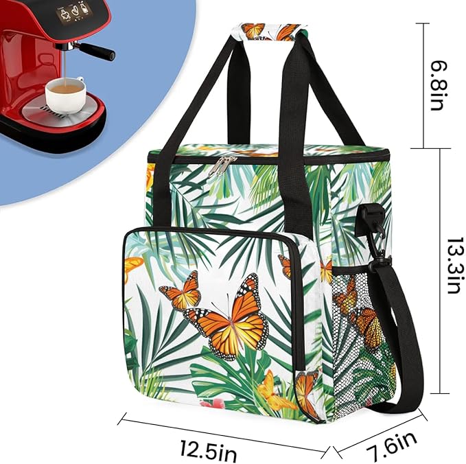 Butterfly Flower Leaf Palm Tree Coffee Maker Carring Bag Travel Tote Bag Compatible with Keurig K-Mini or K-Mini Plus Portable Single Serve Coffee Brewer Case with Pockets for K-cup Pods
