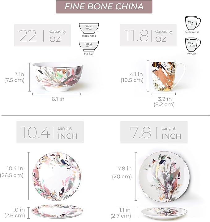 Pink &amp Gold Plates and Bowls Sets Dishes Set for 4 Ceramic Plates and Bowls Set Service for 4 Bone China Dinnerware Set Salad Dessert Plates and Cereal Bowls Set Microwave safe by KOKEN