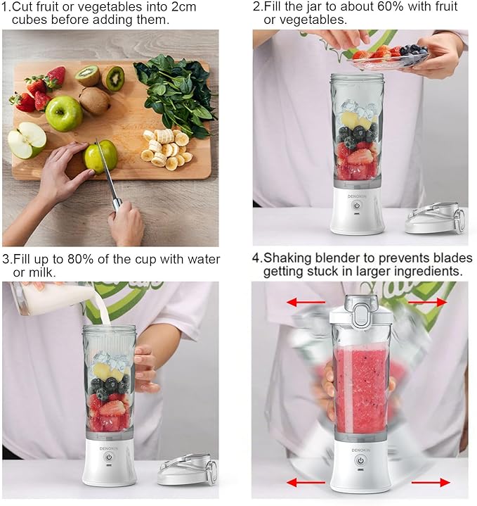 DENOKIN Portable Blender 20oz Vessel Cordless Personal Size Blend with 6 Blade and a Travel Lid (Apple White)