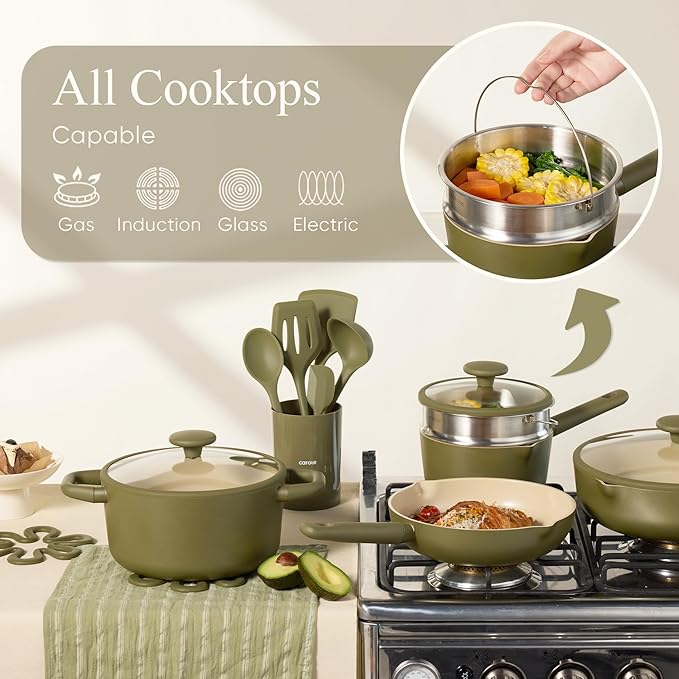 CAROTE 21pcs Cookware Set Nonstick Pots and Pans Set Ceramic Cookware Set Induction Cookware Non toxic Healthy Non Stick Kitchen Cooking Set PFAS PTFE Free