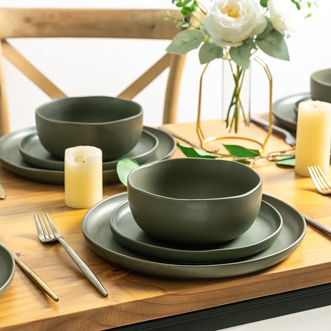 AmorArc Ceramic Dinnerware Sets Wavy Rim Stoneware Plates and Bowls SetsDishwasher &amp Microwave &amp Oven Safe Dishes set Service for 8 (24pc)
