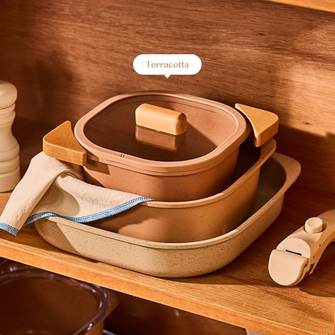 FIKA Objet Comfort 7-Piece Kitchen Nonstick Healthy Cooking Cookware Set with Lid Detachable Handle Induction Compatible All-in-One Kitcheware Easy to Store Great Gift Made in Korea (TERRACOTTA)