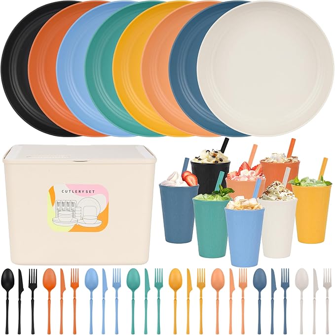 49pcs Dinnerware Sets for 8 People Unbreakable Plates Sets Reusable Storage Box Travel Camping Picnic Home Party Cutlery Set Dishwasher Microwave Safe Dishes