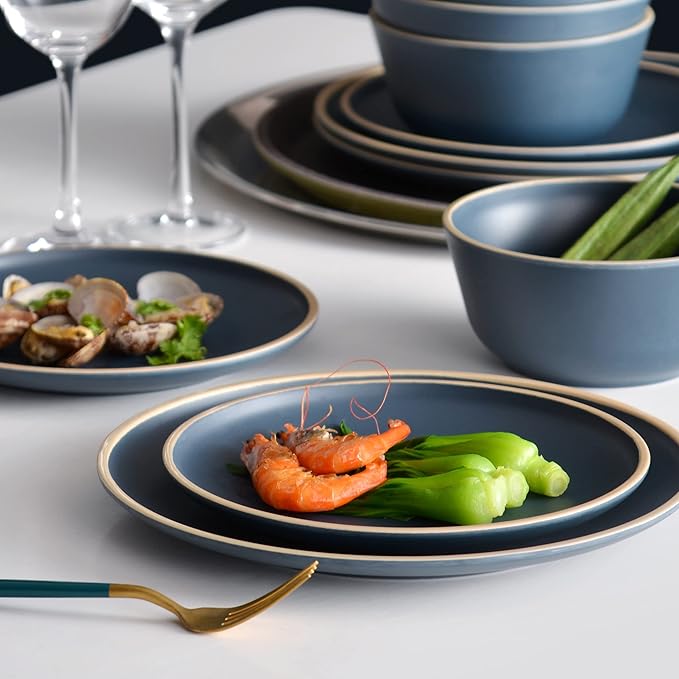 Melamine Dinnerware Sets for 4 Plates and Bowls Sets 12 Pcs Melamine Plates Nautical Dinnerware Sets Modern StyleDishwasher Safe BPA Free Suitable Indoor and Outdoor Use (Deep Blue)