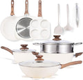 Pots and Pans Set Induction Cookware Kitchen Set for Cooking on Stove Nonstick Kitchen Cookware Set Frying Pans with Glass Lid and Detachable Handle 17 Pcs Milky White