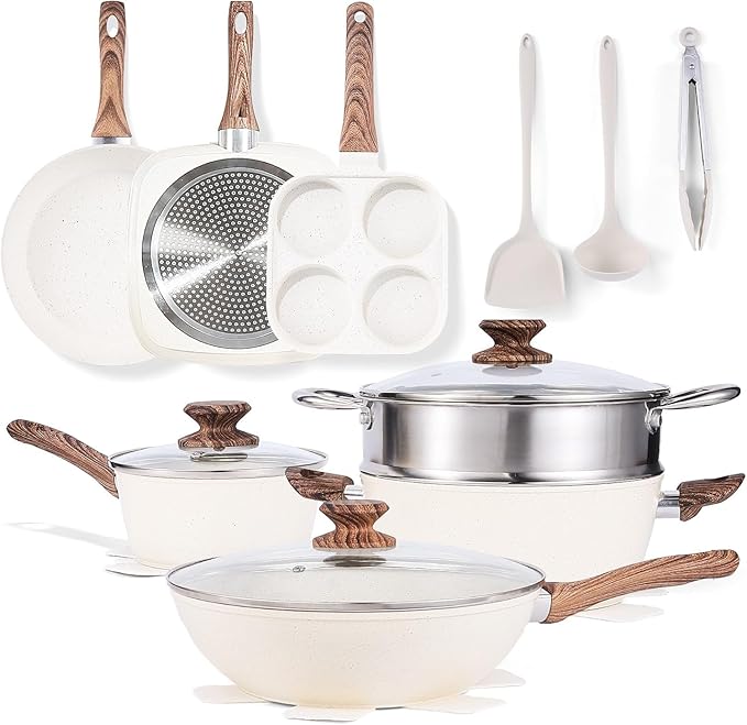 Pots and Pans Set Induction Cookware Kitchen Set for Cooking on Stove Nonstick Kitchen Cookware Set Frying Pans with Glass Lid and Detachable Handle 17 Pcs Milky White
