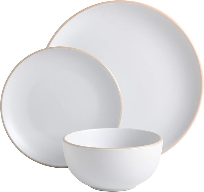 Gibson Home Rockaway 12-Piece Round Stoneware Dinnerware Set Service for 4 – White Plates and Bowls Modern Matte Finish Microwave &amp Dishwasher Safe