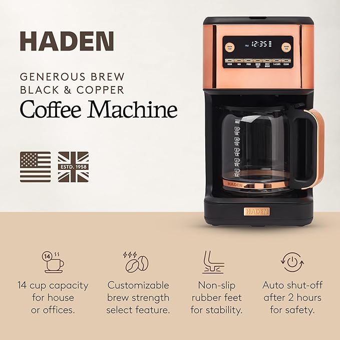 HADEN Generous Brew 14 Cup Coffee Maker with 120 Minute Keep Warm Delay Brew Adjustable Strength Programmable Clock and Anti Drip Black/Copper