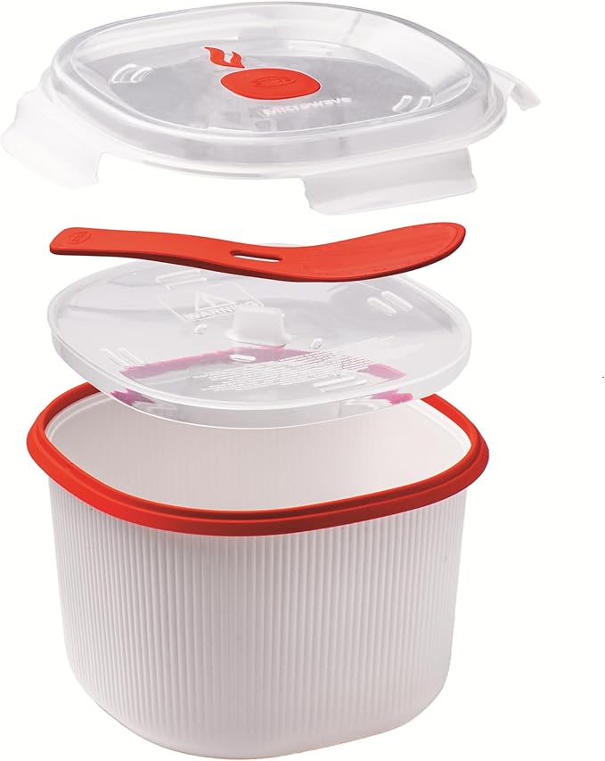 Snips - Microwave Rice Cooker - For Rice Grains and Vegetables - Microwave rice steamer 2.70 litres - 20.5 x 20.5 x 14.5 cm - Rice Cooker Microwave White and red - 100% Made in Italy